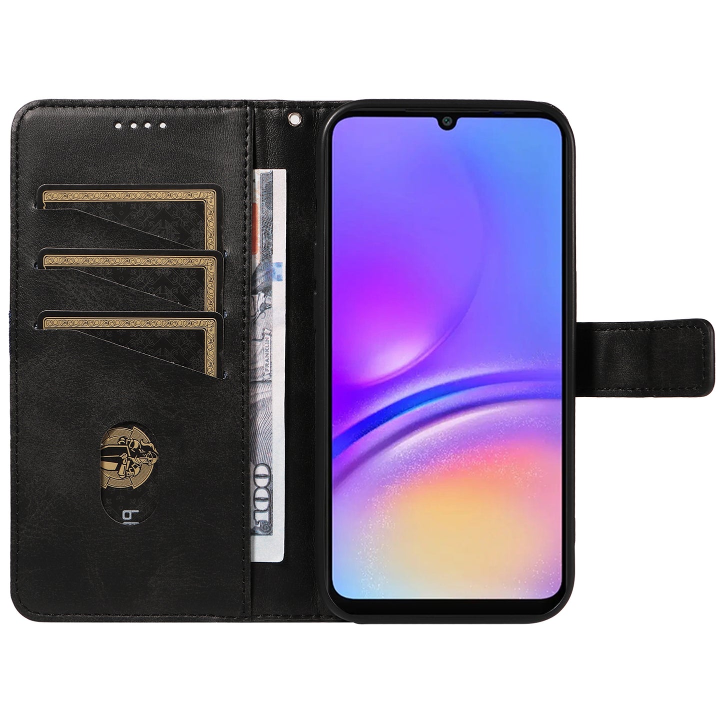 For Samsung Galaxy A06 Case Leather Geometric Line Wallet Phone Cover with Wrist Strap - Black