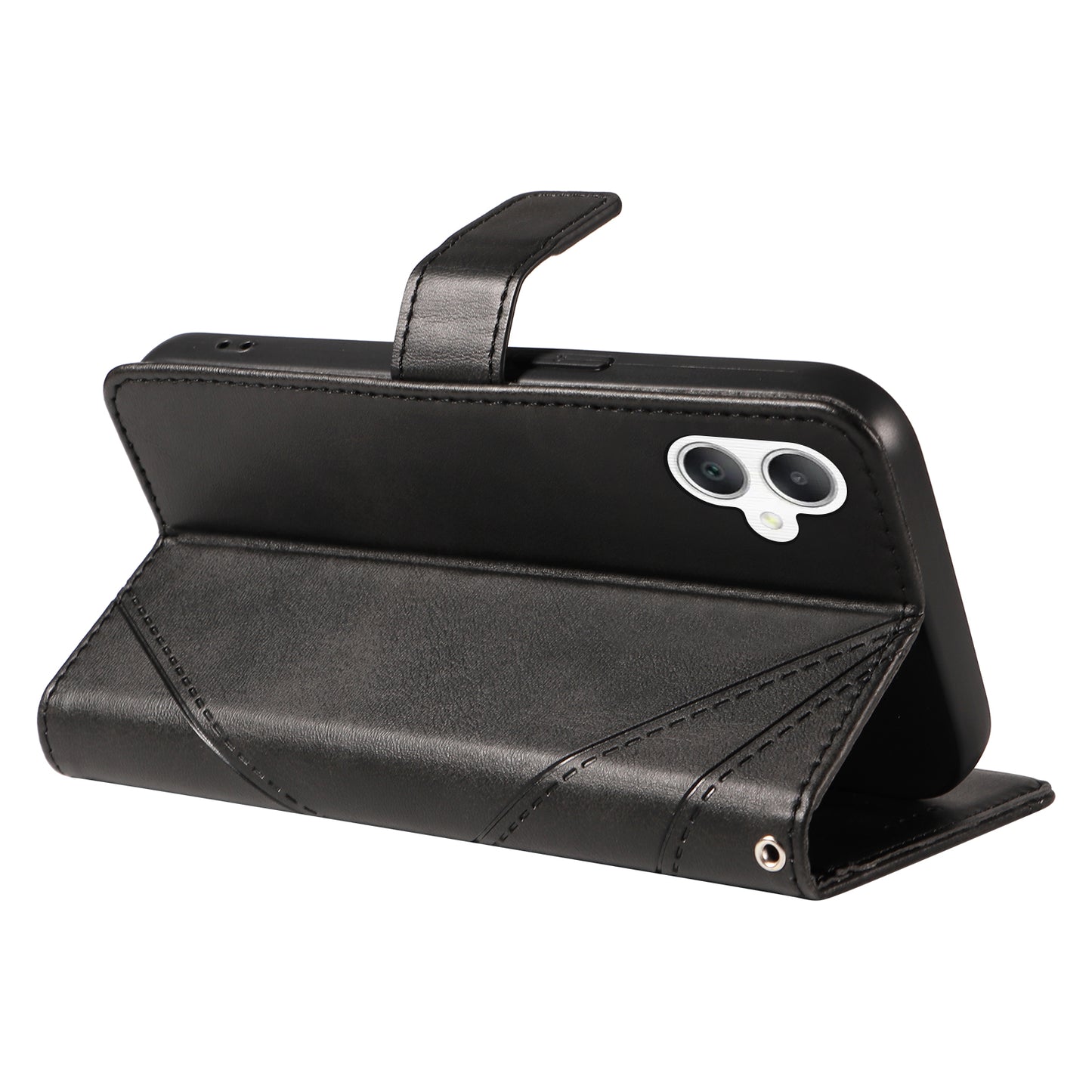 For Samsung Galaxy A06 Case Leather Geometric Line Wallet Phone Cover with Wrist Strap - Black