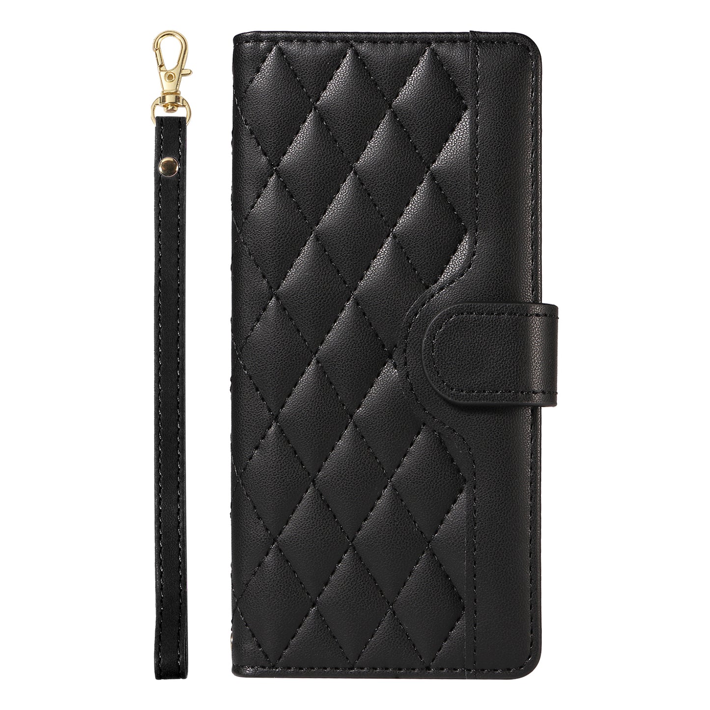 For Samsung Galaxy A06 Case Wallet Rhombus Leather Phone Cover with Shoulder Strap, Wrist Strap - Black