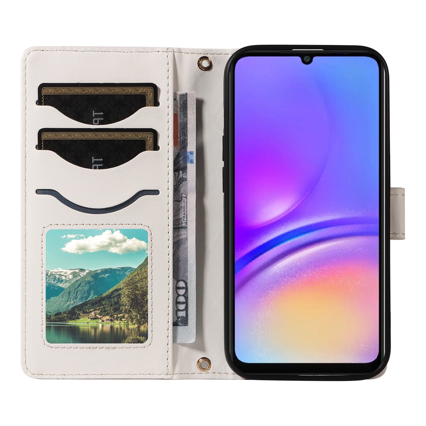 For Samsung Galaxy A06 Case Wallet Rhombus Leather Phone Cover with Shoulder Strap, Wrist Strap - White