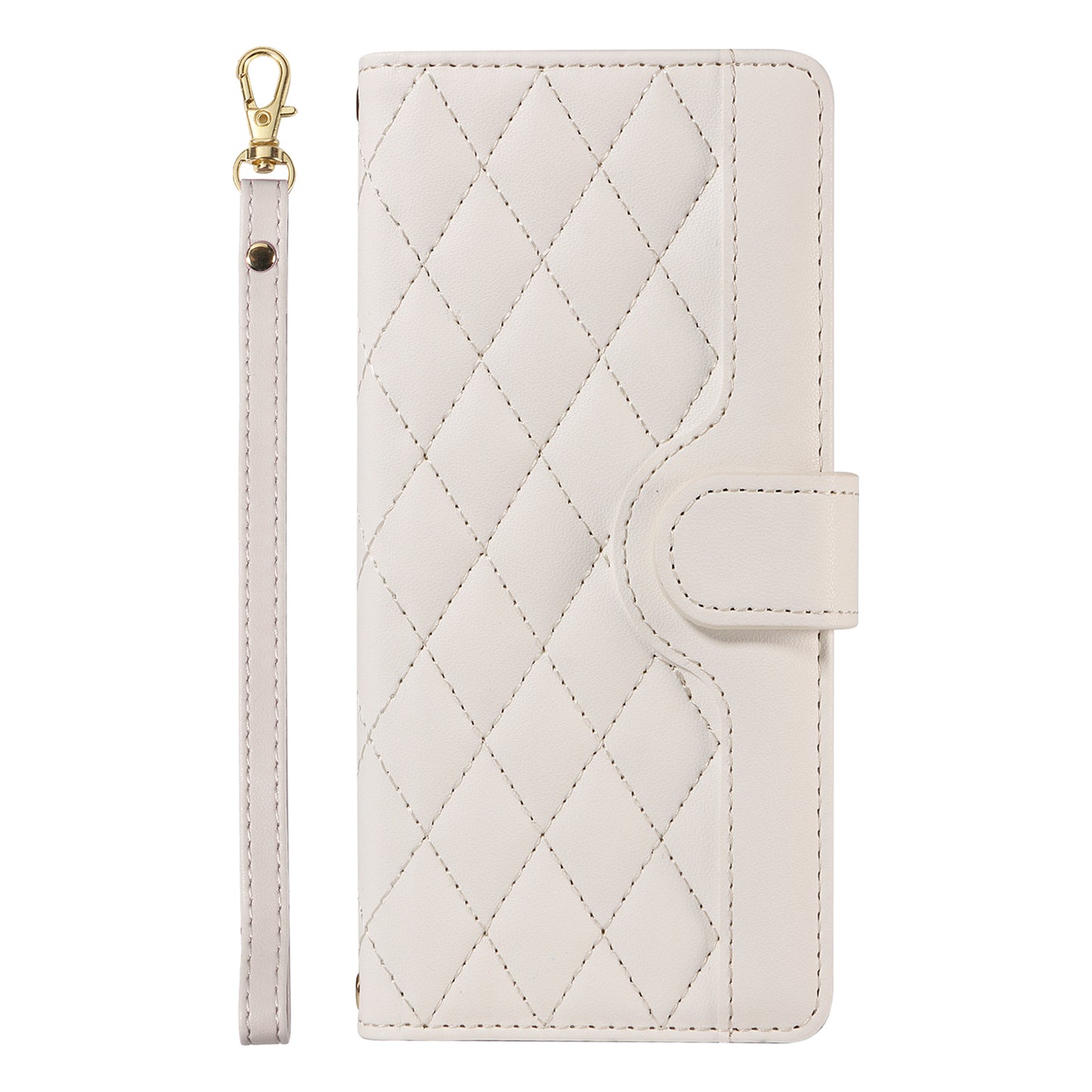 For Samsung Galaxy A06 Case Wallet Rhombus Leather Phone Cover with Shoulder Strap, Wrist Strap - White