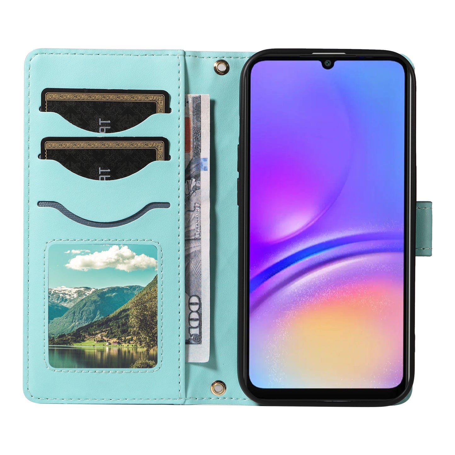 For Samsung Galaxy A06 Case Wallet Rhombus Leather Phone Cover with Shoulder Strap, Wrist Strap - Green