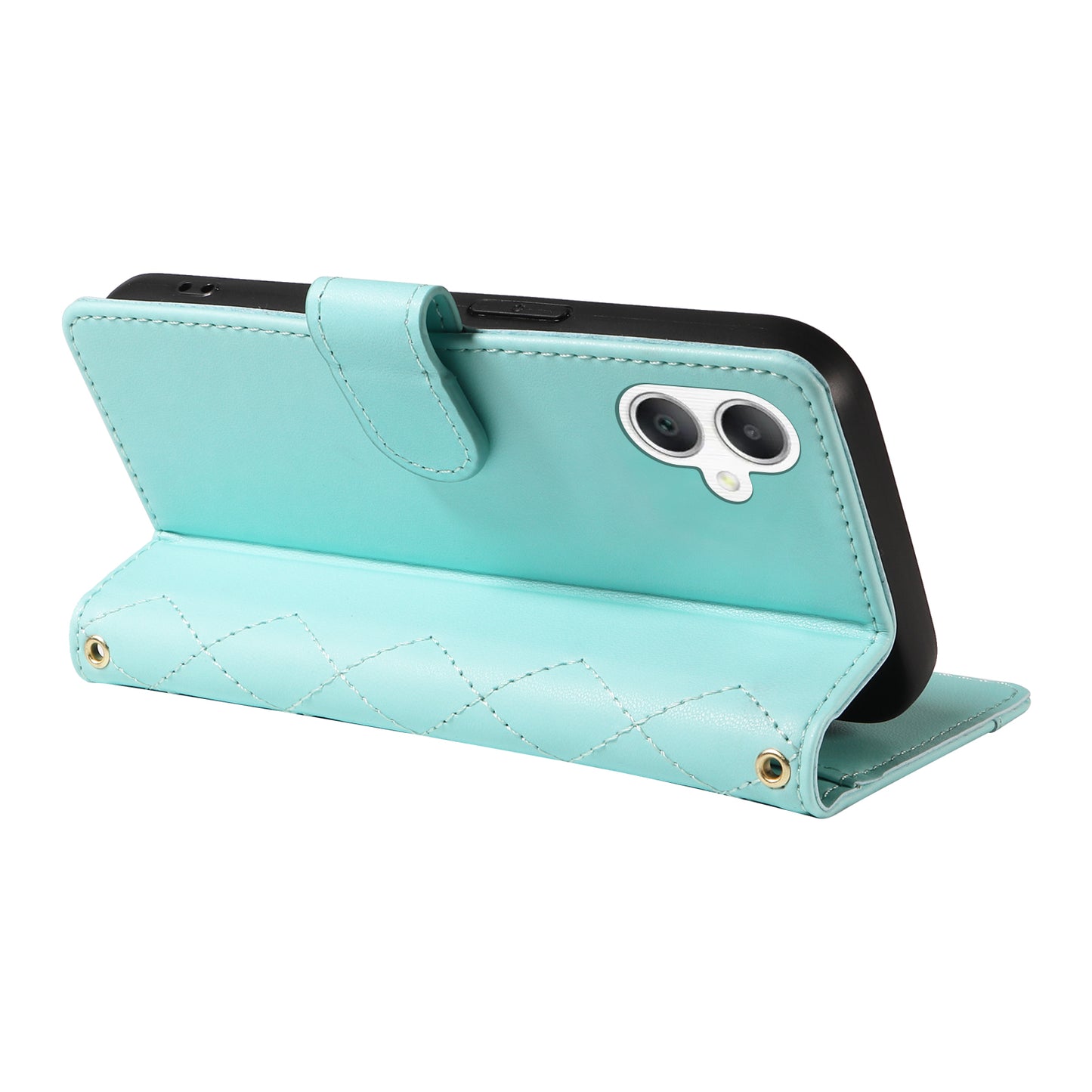 For Samsung Galaxy A06 Case Wallet Rhombus Leather Phone Cover with Shoulder Strap, Wrist Strap - Green