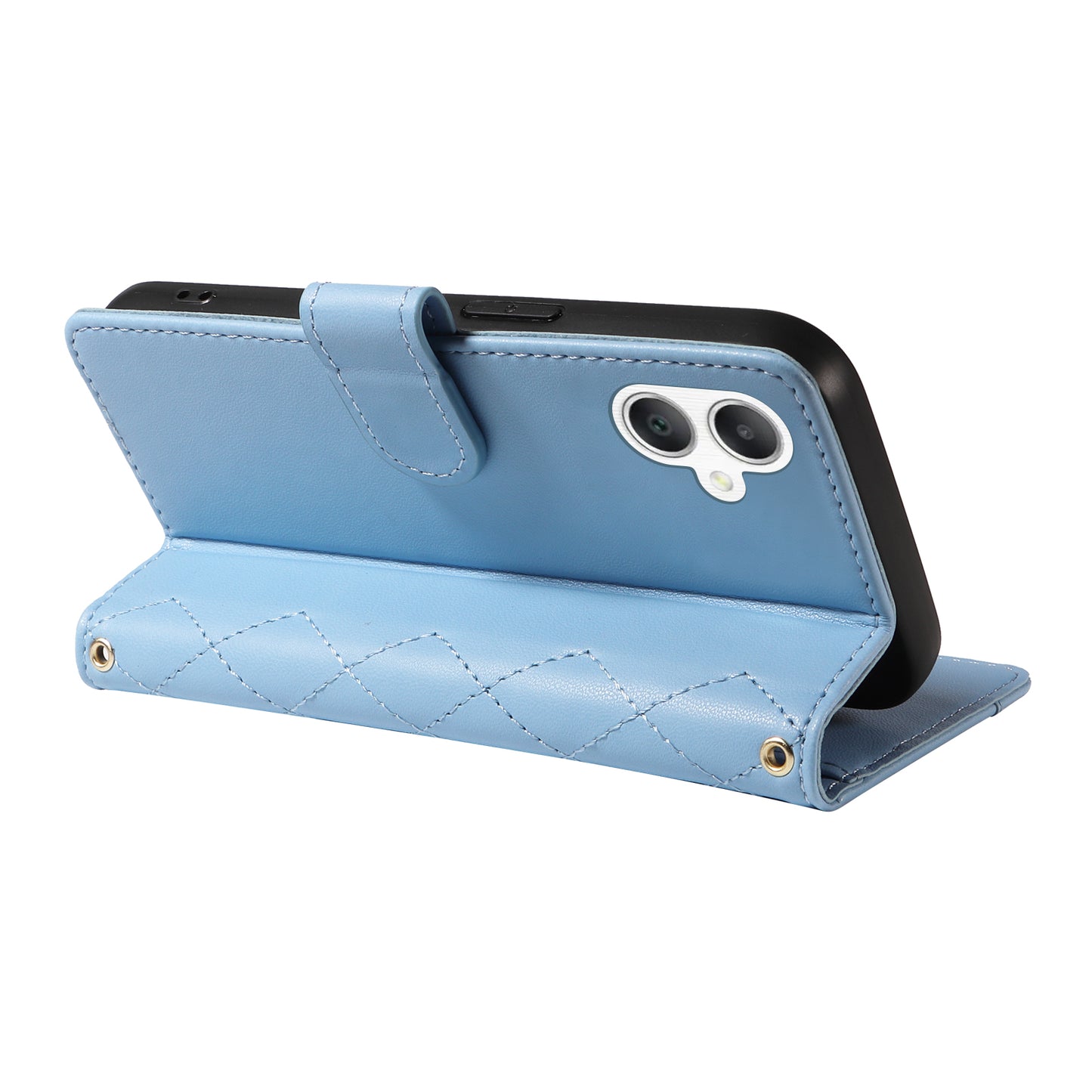 For Samsung Galaxy A06 Case Wallet Rhombus Leather Phone Cover with Shoulder Strap, Wrist Strap - Blue