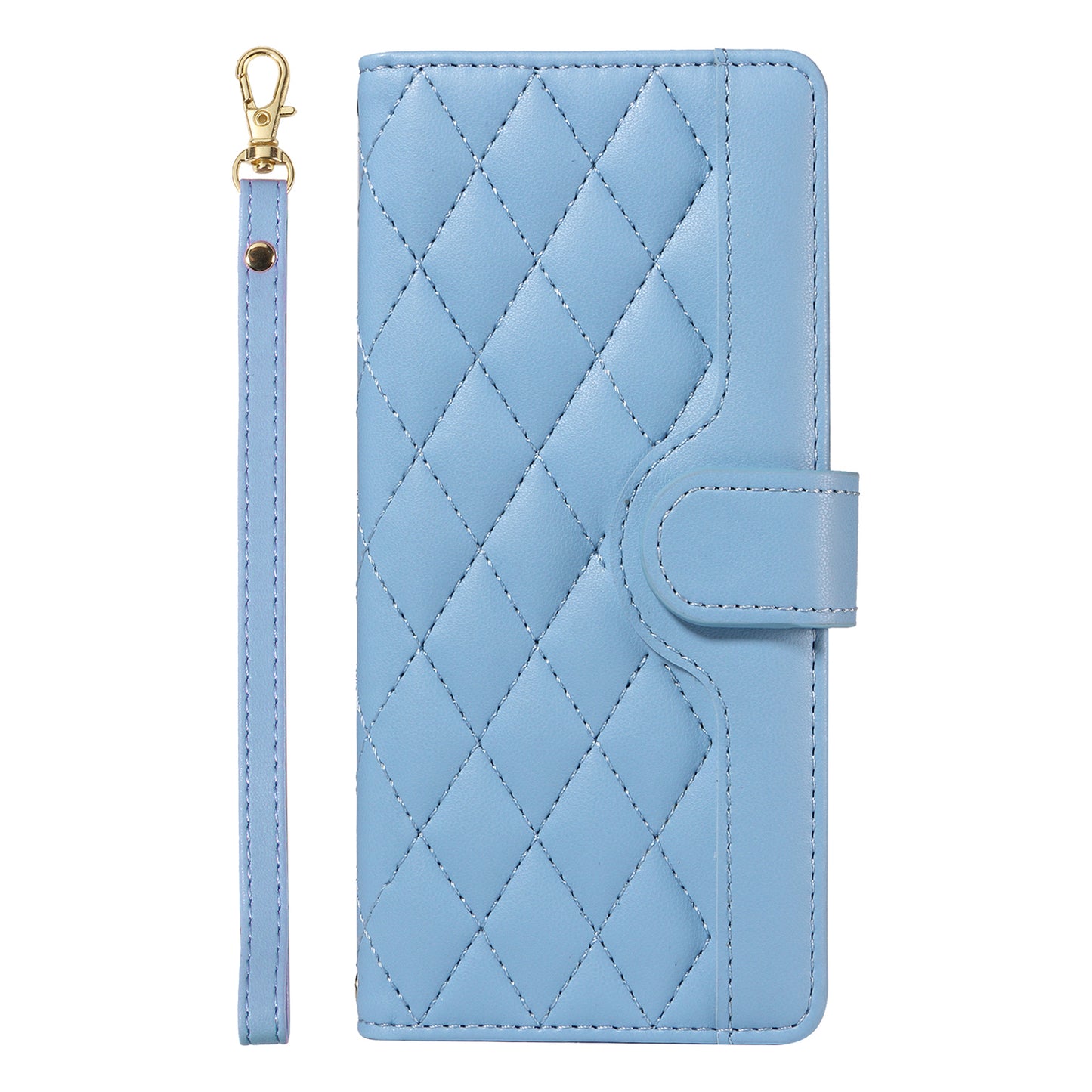 For Samsung Galaxy A06 Case Wallet Rhombus Leather Phone Cover with Shoulder Strap, Wrist Strap - Blue