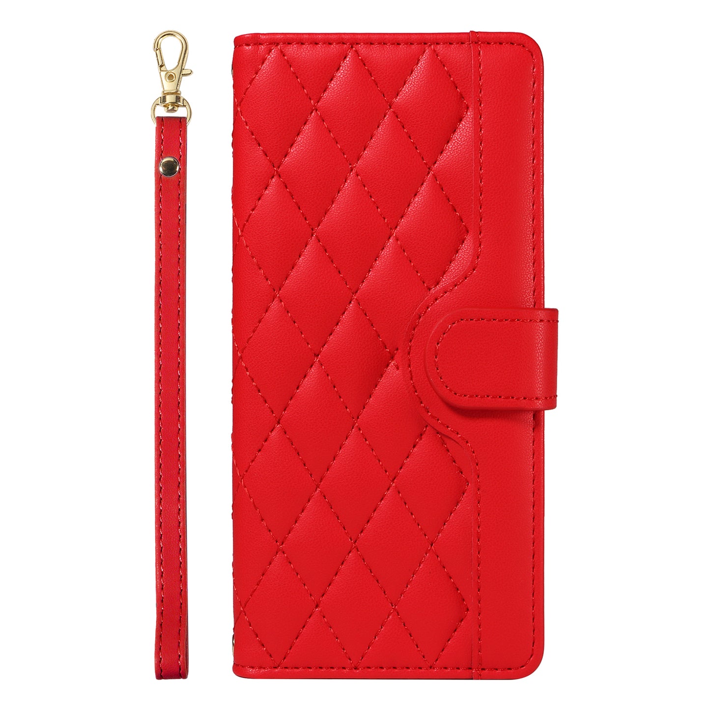 For Samsung Galaxy A06 Case Wallet Rhombus Leather Phone Cover with Shoulder Strap, Wrist Strap - Red