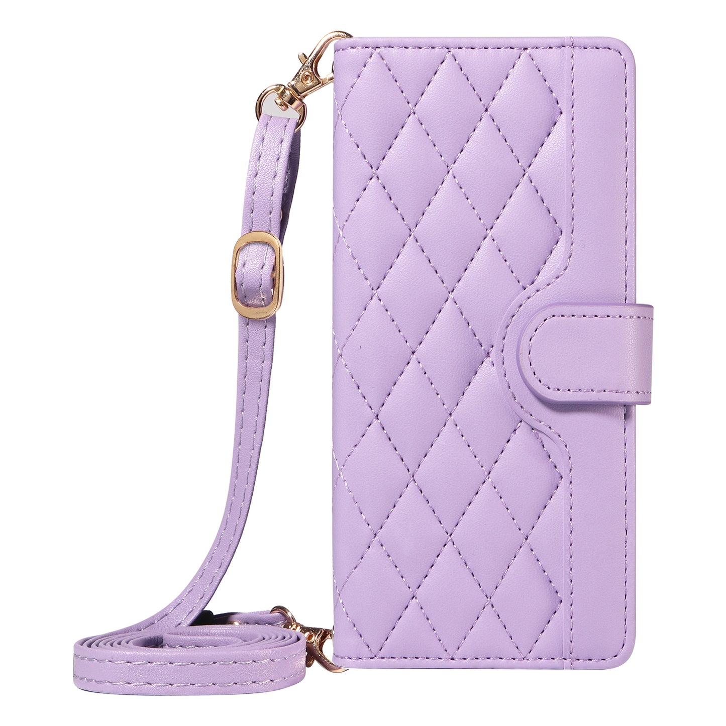 For Samsung Galaxy A06 Case Wallet Rhombus Leather Phone Cover with Shoulder Strap, Wrist Strap - Light Purple