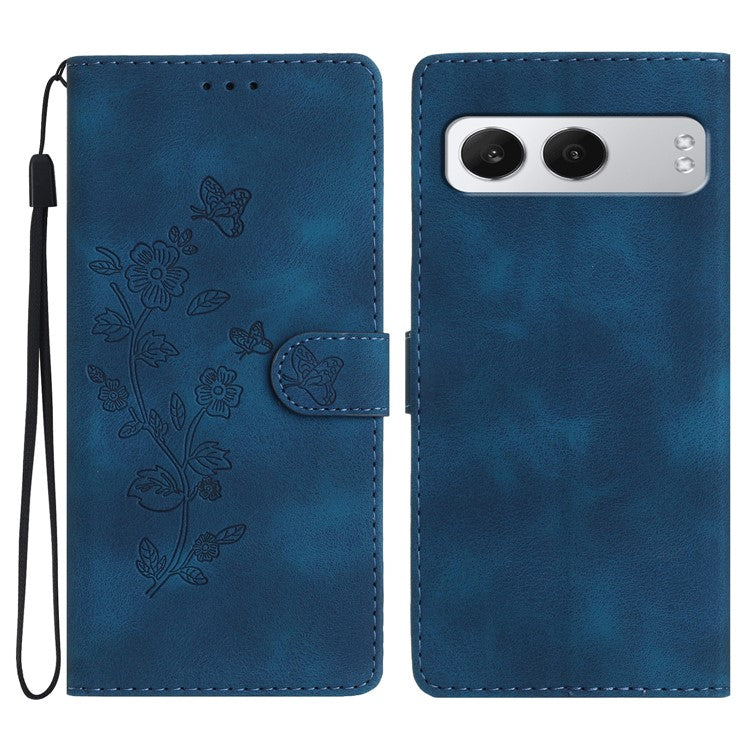 For OnePlus Nord 4 Case Leather Imprinted Flower Phone Cover Wallet with Wrist Strap - Blue