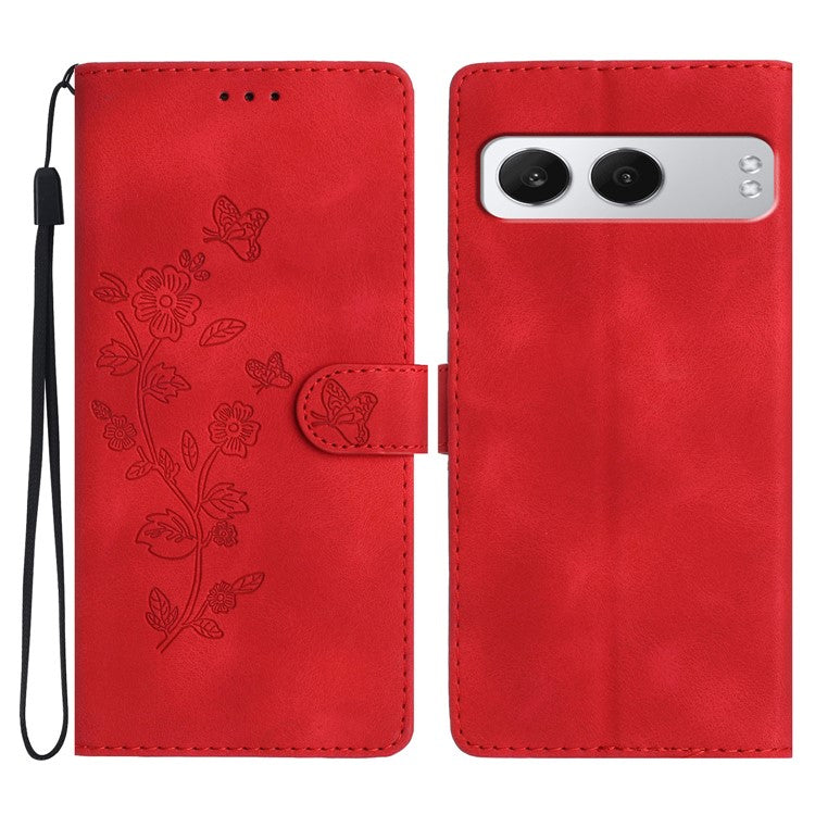 For OnePlus Nord 4 Case Leather Imprinted Flower Phone Cover Wallet with Wrist Strap - Red