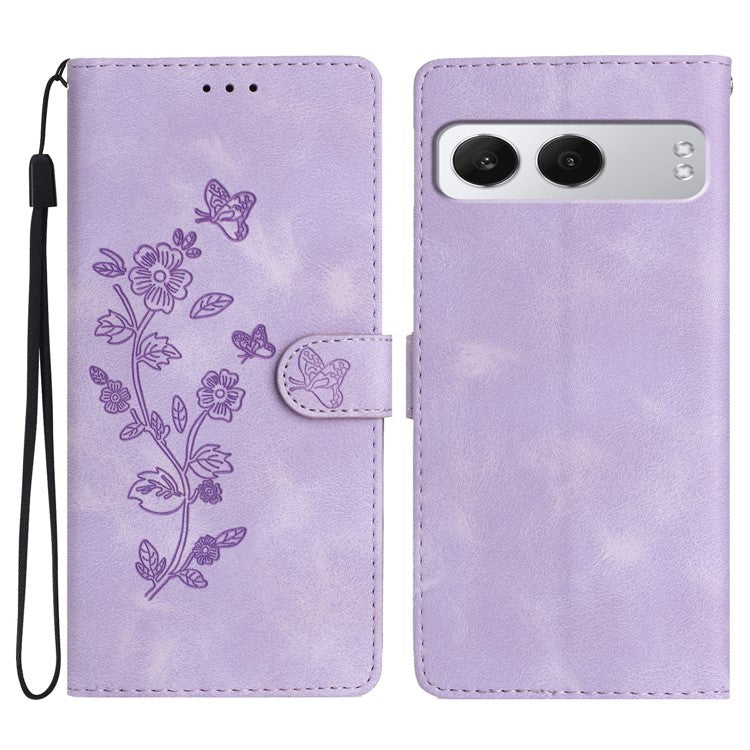 For OnePlus Nord 4 Case Leather Imprinted Flower Phone Cover Wallet with Wrist Strap - Purple