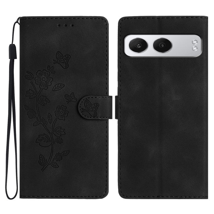 For OnePlus Nord 4 Case Leather Imprinted Flower Phone Cover Wallet with Wrist Strap - Black