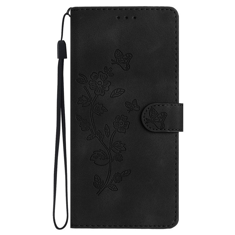 For OnePlus Nord 4 Case Leather Imprinted Flower Phone Cover Wallet with Wrist Strap - Black