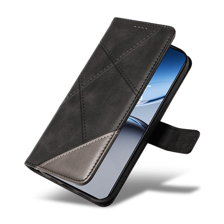 For OnePlus Nord 4 Case Leather Geometric Line Wallet Phone Cover with Wrist Strap - Black