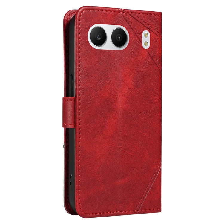 For OnePlus Nord 4 Case Leather Geometric Line Wallet Phone Cover with Wrist Strap - Red