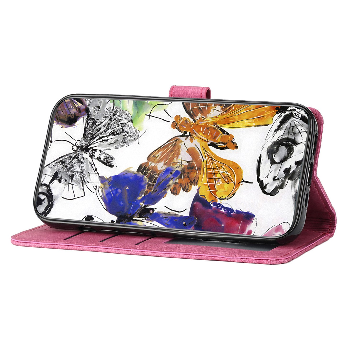 For Samsung Galaxy A06 Case Butterfly Design Flip Wallet Leather Phone Cover Skin-Touch - Rose