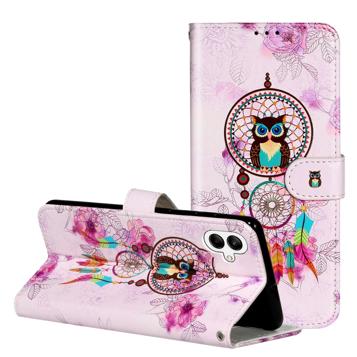 For Samsung Galaxy A06 Case Pattern Leather Wallet Phone Cover with Card Holder - Wind Chime Owl