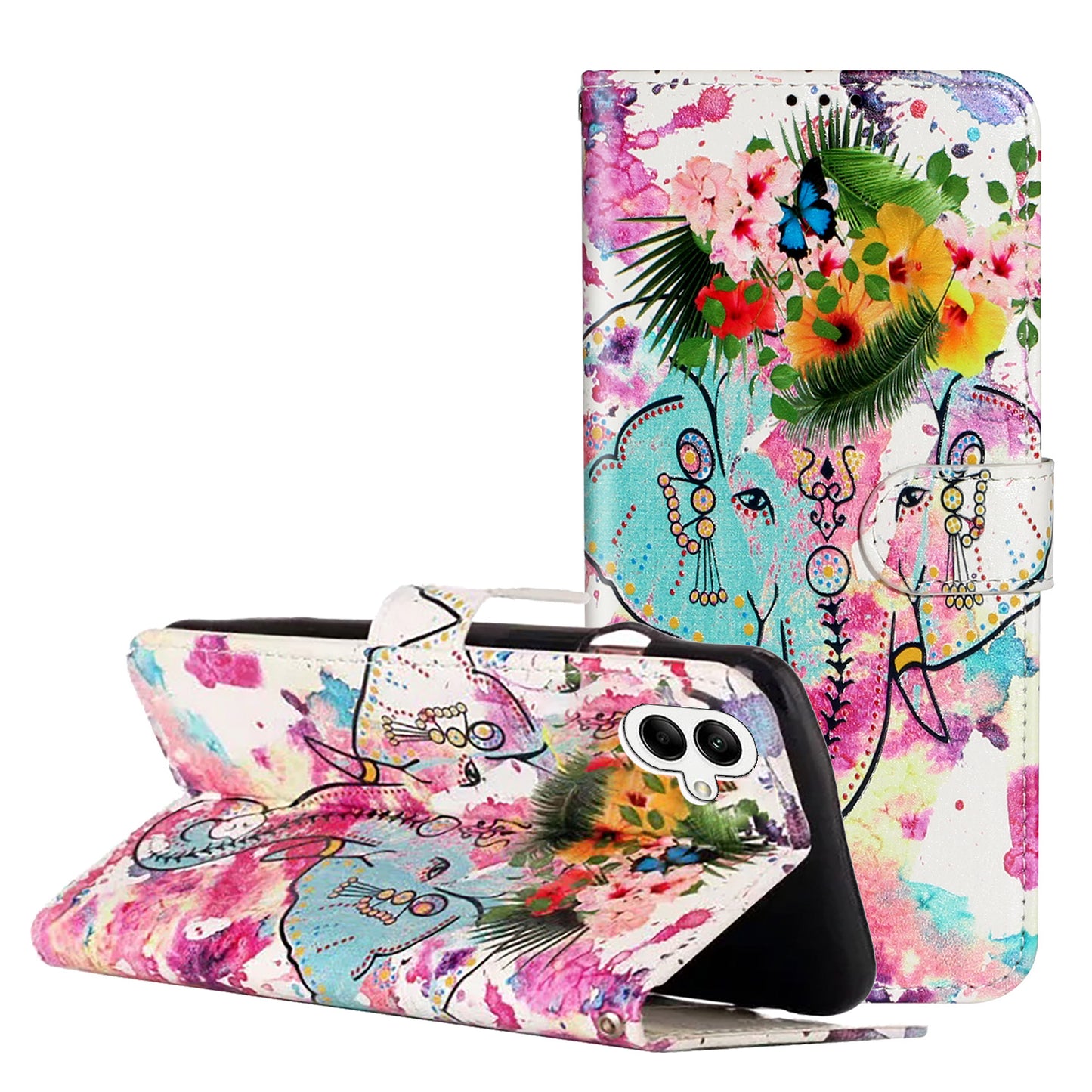 For Samsung Galaxy A06 Case Pattern Leather Wallet Phone Cover with Card Holder - Flower Elephant