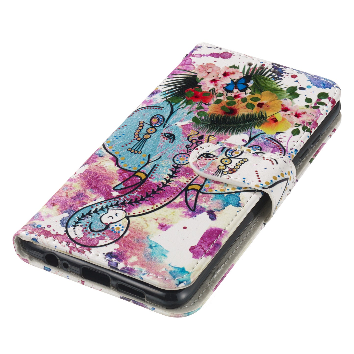 For Samsung Galaxy A06 Case Pattern Leather Wallet Phone Cover with Card Holder - Flower Elephant