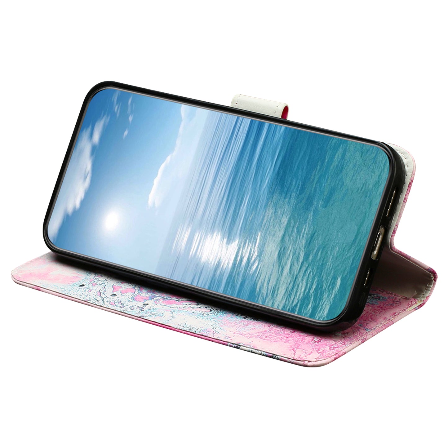 For Samsung Galaxy A06 Case Pattern PU Leather Flip Phone Cover - Pink Seawater Marble