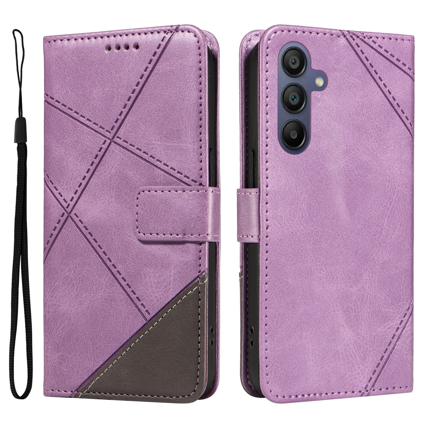 For Samsung Galaxy A16 5G / A16 4G Case Leather Geometric Line Wallet Phone Cover with Wrist Strap - Purple