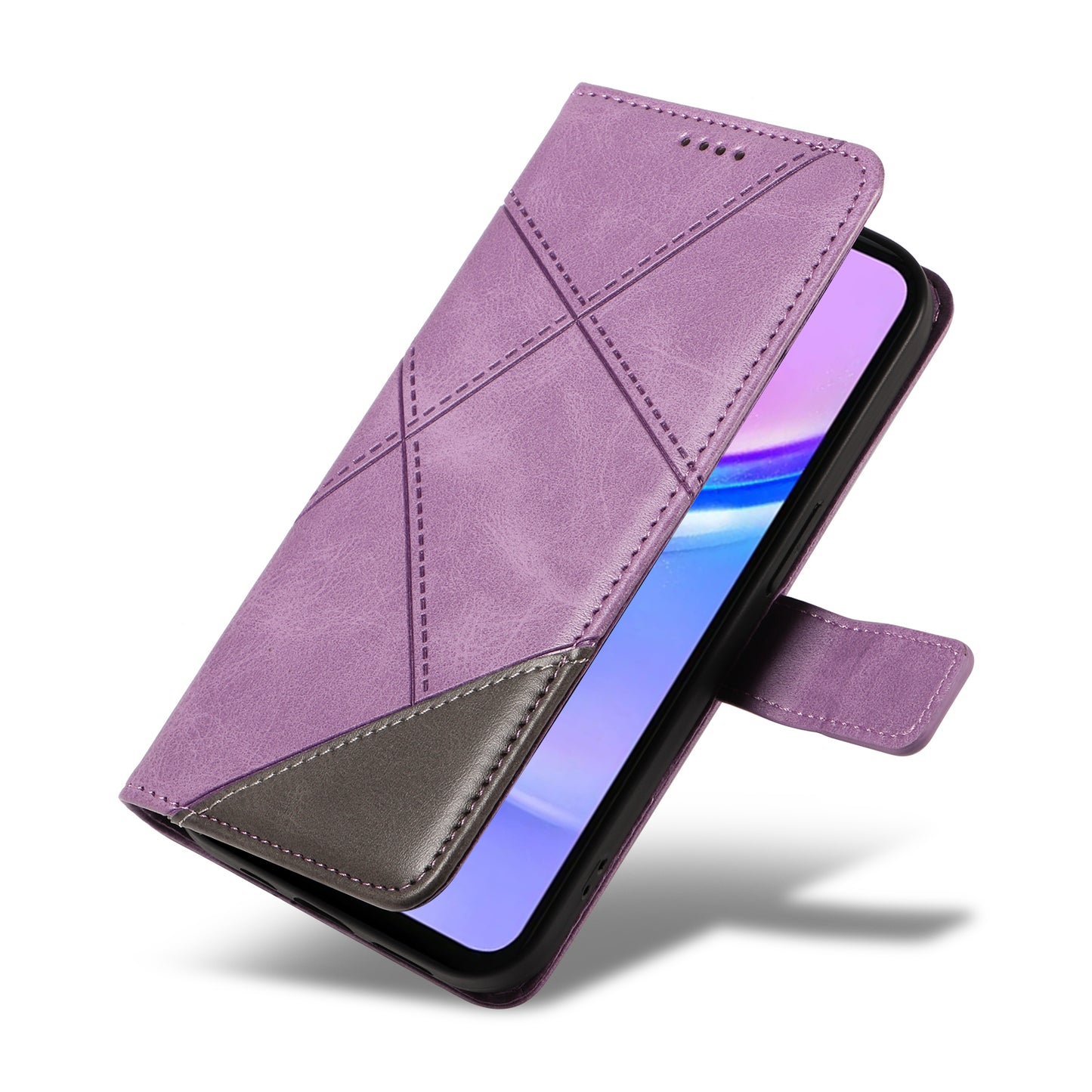 For Samsung Galaxy A16 5G / A16 4G Case Leather Geometric Line Wallet Phone Cover with Wrist Strap - Purple