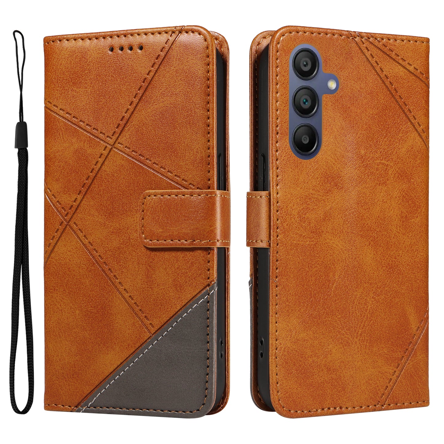 For Samsung Galaxy A16 5G / A16 4G Case Leather Geometric Line Wallet Phone Cover with Wrist Strap - Brown
