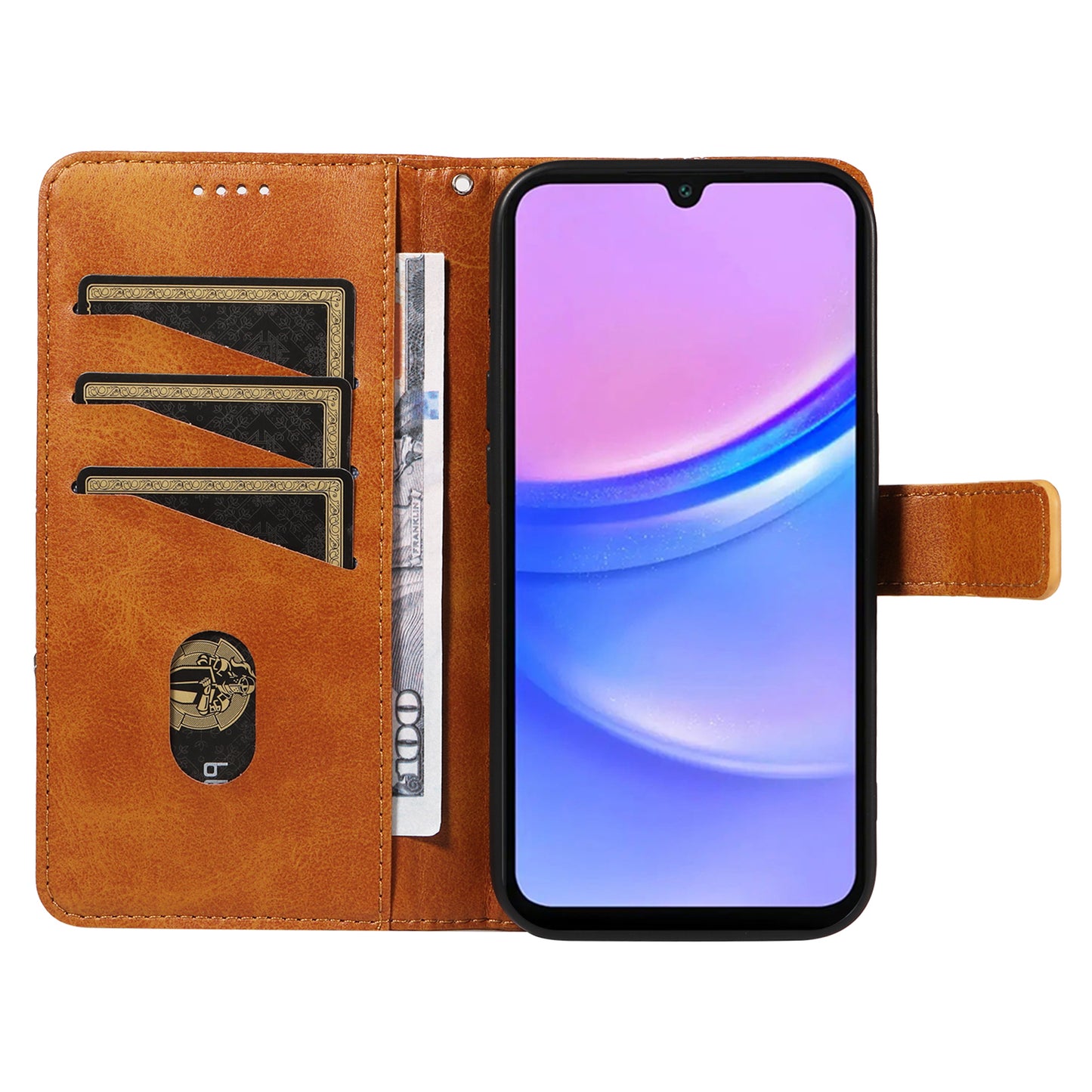 For Samsung Galaxy A16 5G / A16 4G Case Leather Geometric Line Wallet Phone Cover with Wrist Strap - Brown