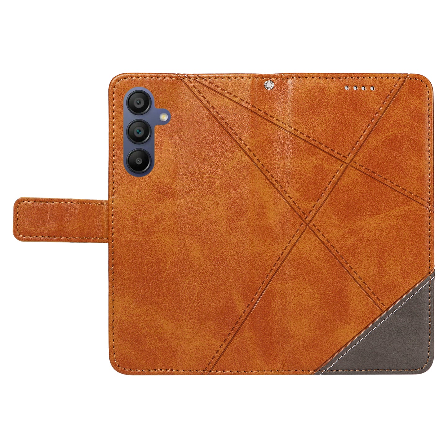 For Samsung Galaxy A16 5G / A16 4G Case Leather Geometric Line Wallet Phone Cover with Wrist Strap - Brown