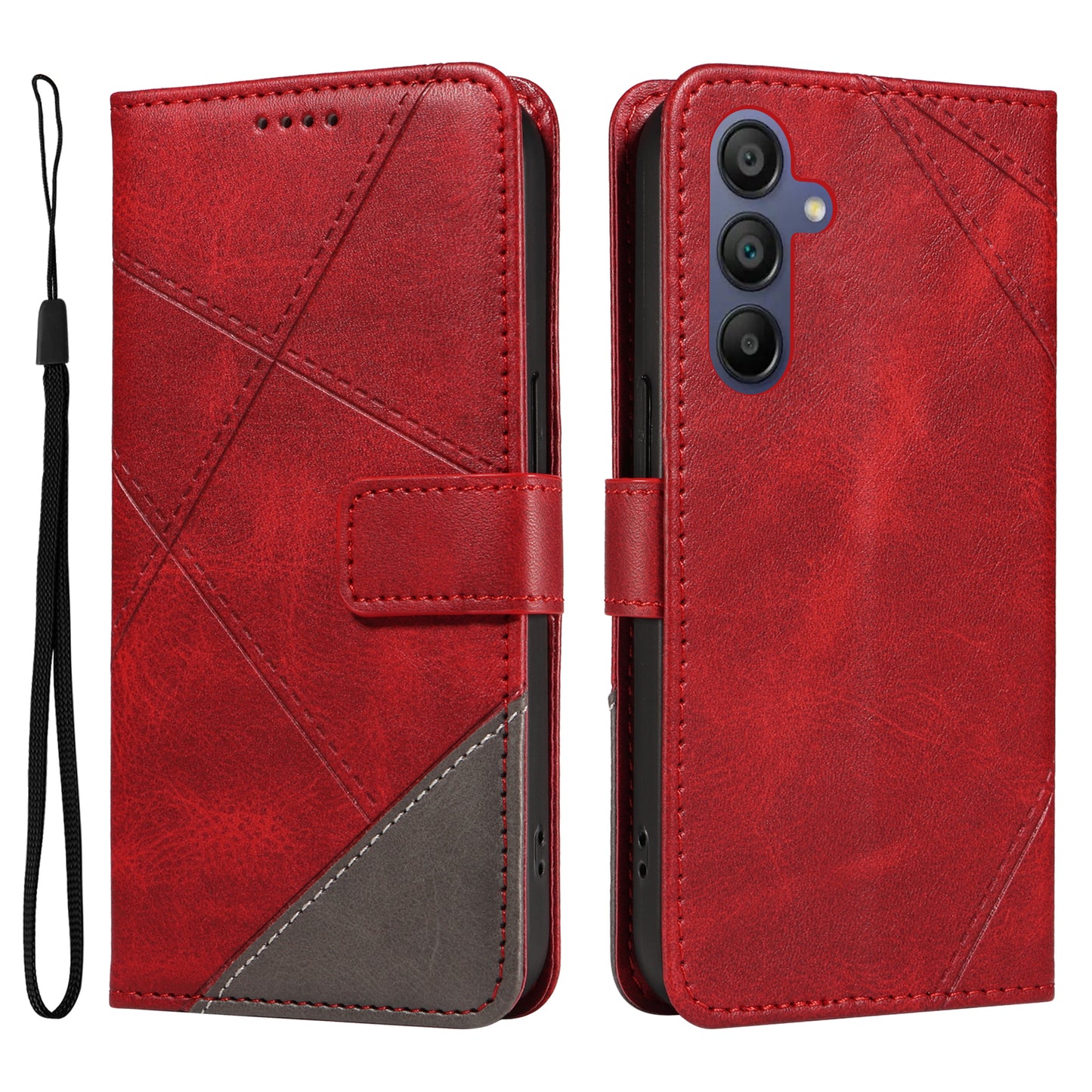For Samsung Galaxy A16 5G / A16 4G Case Leather Geometric Line Wallet Phone Cover with Wrist Strap - Red