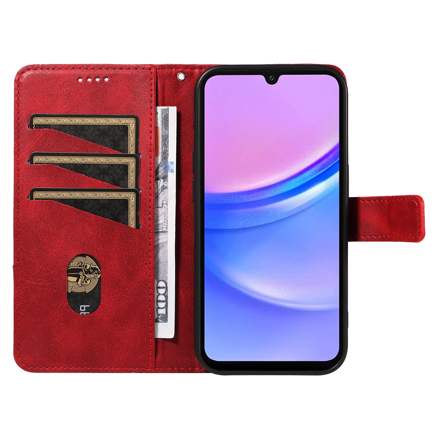 For Samsung Galaxy A16 5G / A16 4G Case Leather Geometric Line Wallet Phone Cover with Wrist Strap - Red