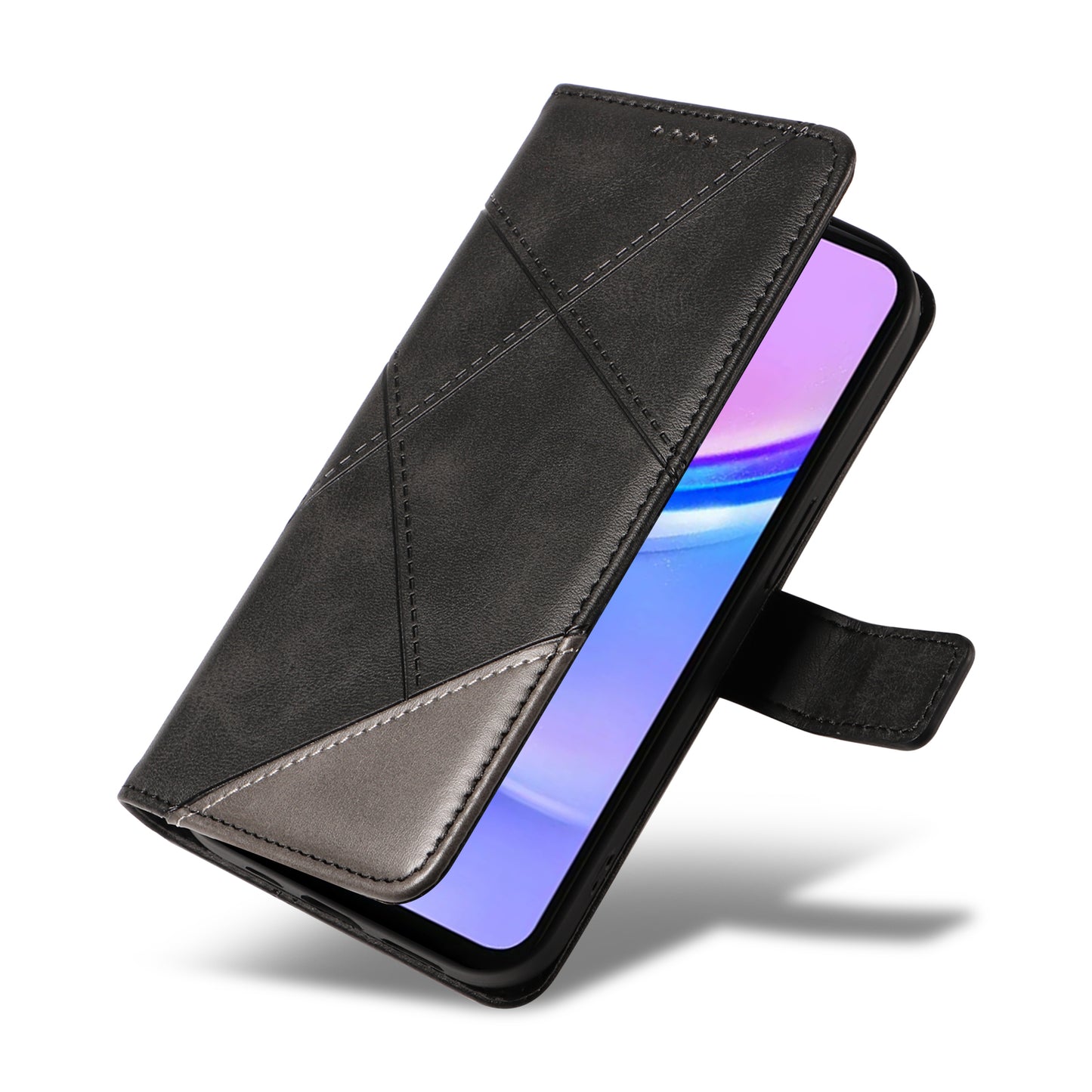 For Samsung Galaxy A16 5G / A16 4G Case Leather Geometric Line Wallet Phone Cover with Wrist Strap - Black