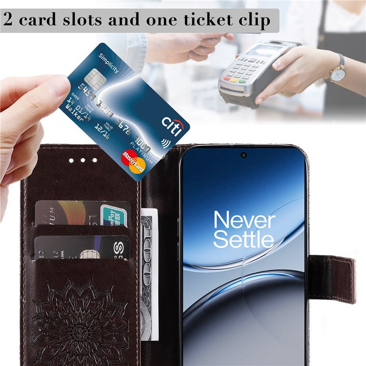 KT Imprinting Flower Series-1 For OnePlus Nord 4 Case Sunflower Leather Wallet Folio Phone Cover - Brown