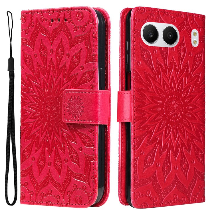 KT Imprinting Flower Series-1 For OnePlus Nord 4 Case Sunflower Leather Wallet Folio Phone Cover - Red
