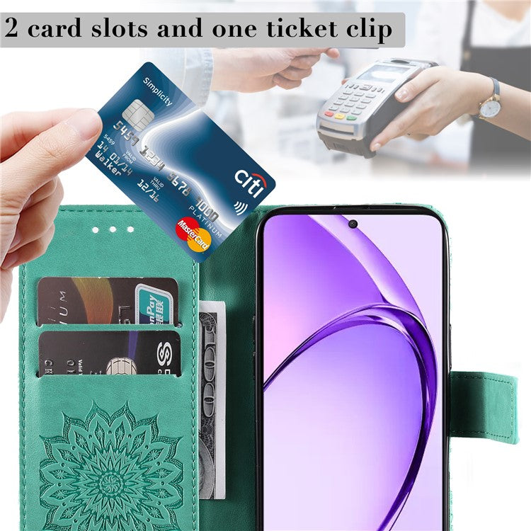 KT Imprinting Flower Series-1 For Oppo A3 Pro (Global) 5G / A3 Pro (India) 5G Case Sunflower Leather Wallet Folio Phone Cover - Green