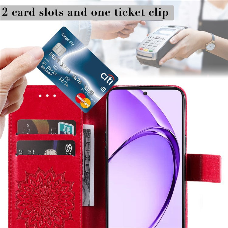 KT Imprinting Flower Series-1 For Oppo A3 Pro (Global) 5G / A3 Pro (India) 5G Case Sunflower Leather Wallet Folio Phone Cover - Red
