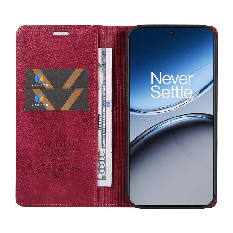 YIKATU YK-006 For OnePlus Nord 4 Case Wallet Litchi Grain Leather Phone Cover Magnetic Auto-Absorbed - Wine Red