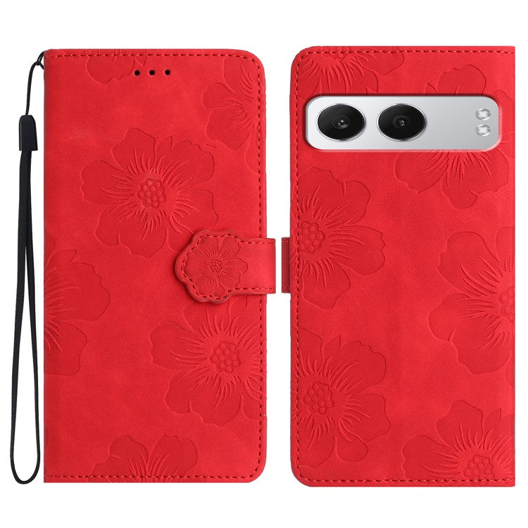 For OnePlus Nord 4 Case Flower Design Leather Wallet Phone Cover with Wrist Strap - Red