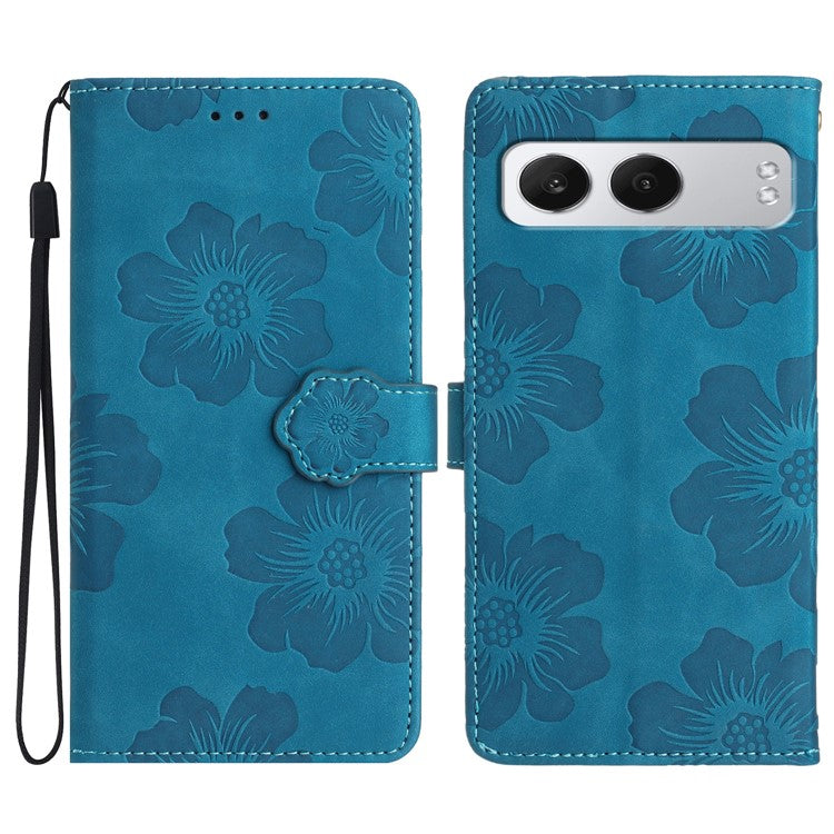 For OnePlus Nord 4 Case Flower Design Leather Wallet Phone Cover with Wrist Strap - Blue