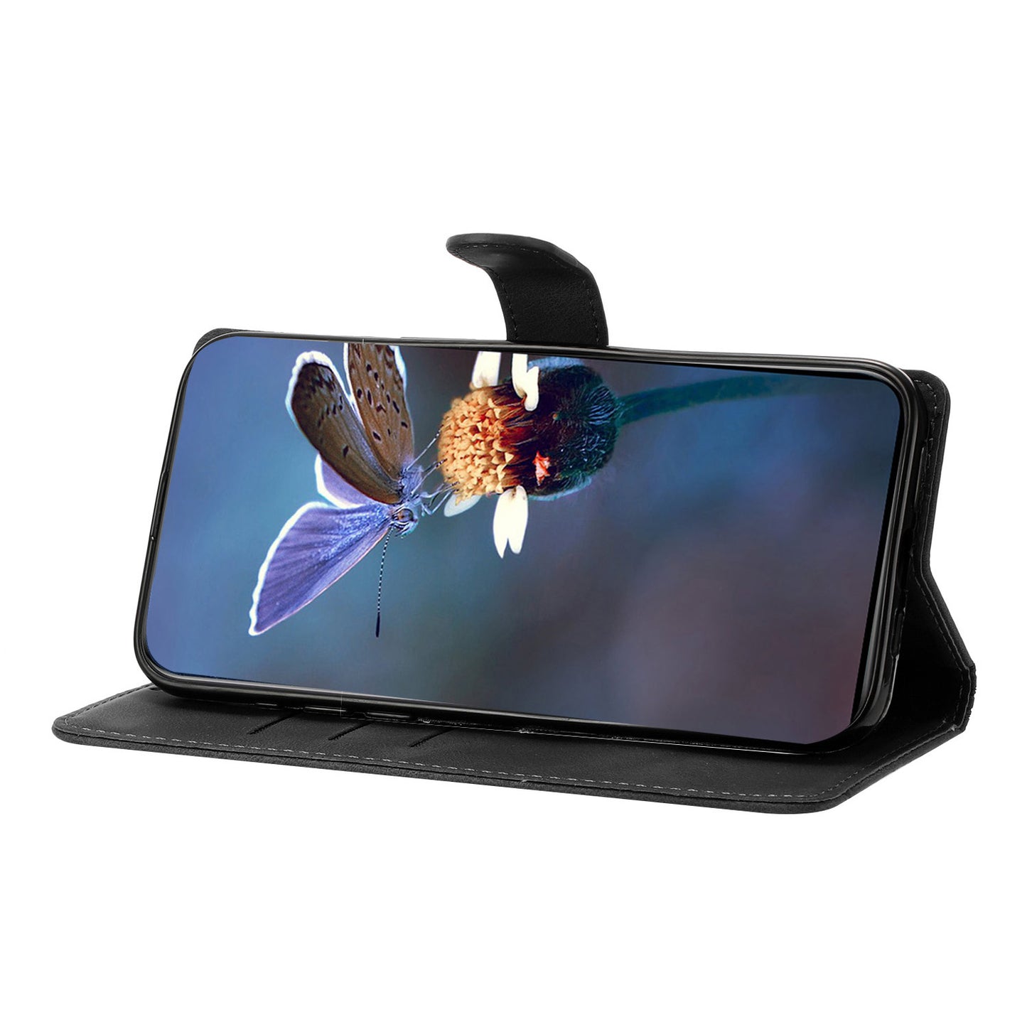 For Samsung Galaxy A06 Case Butterfly Flower Pattern Skin-Touch Leather Phone Cover - Black