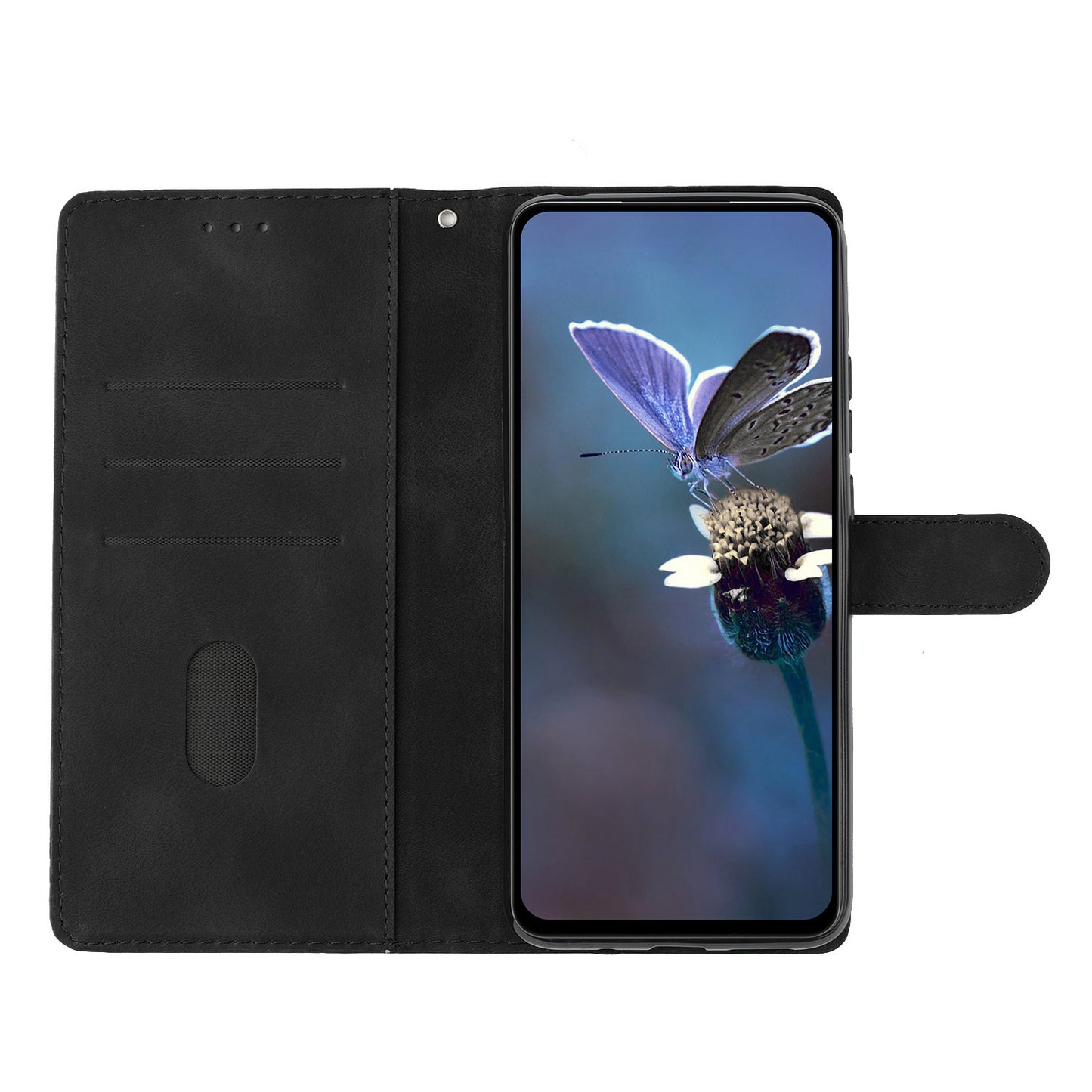 For Samsung Galaxy A06 Case Butterfly Flower Pattern Skin-Touch Leather Phone Cover - Black