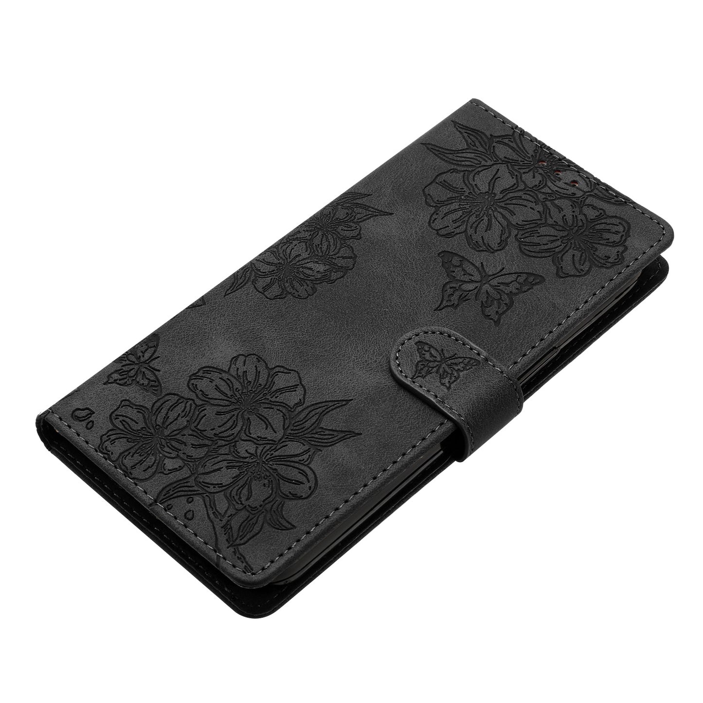 For Samsung Galaxy A06 Case Butterfly Flower Pattern Skin-Touch Leather Phone Cover - Black