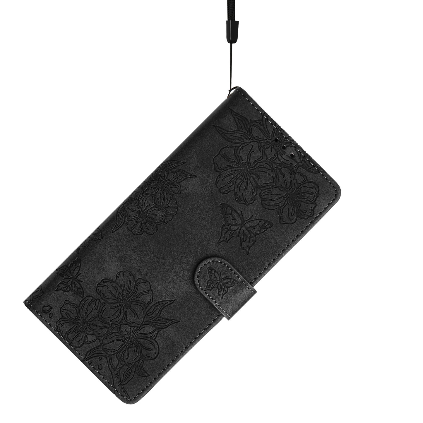 For Samsung Galaxy A06 Case Butterfly Flower Pattern Skin-Touch Leather Phone Cover - Black