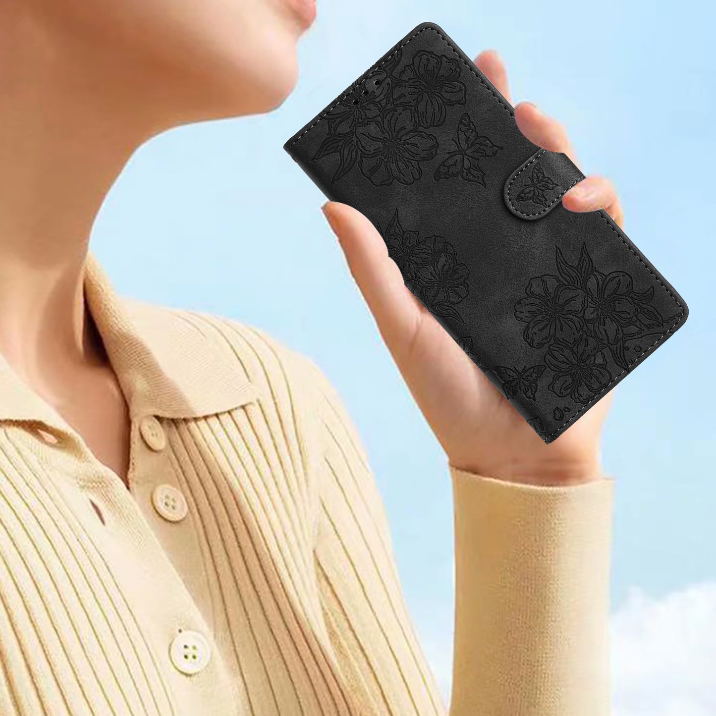 For Samsung Galaxy A06 Case Butterfly Flower Pattern Skin-Touch Leather Phone Cover - Black