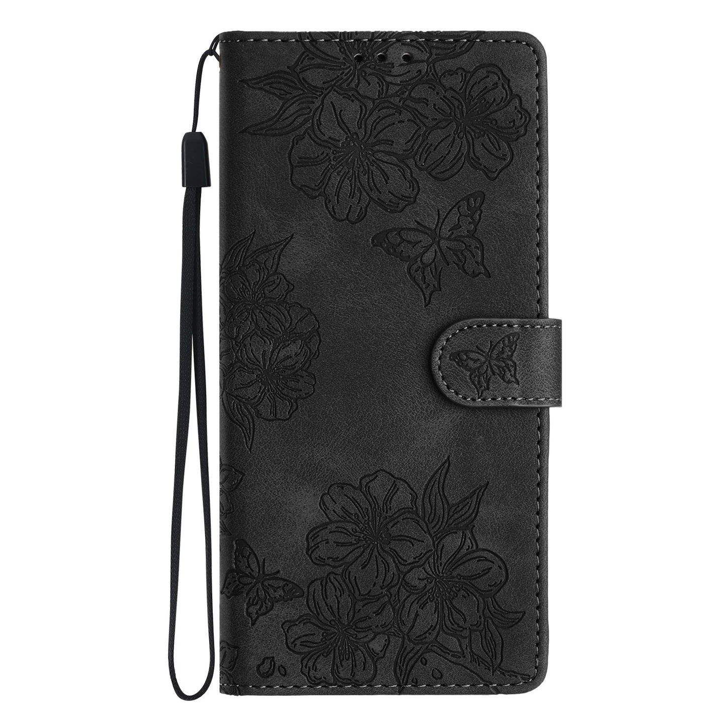 For Samsung Galaxy A06 Case Butterfly Flower Pattern Skin-Touch Leather Phone Cover - Black