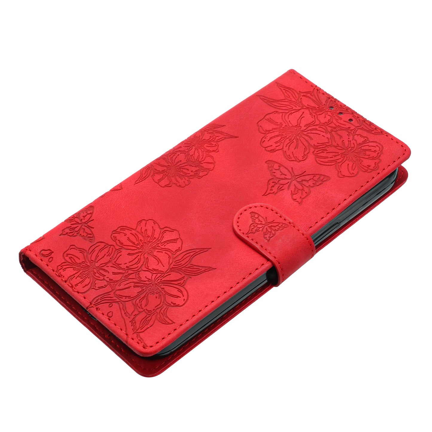 For Samsung Galaxy A06 Case Butterfly Flower Pattern Skin-Touch Leather Phone Cover - Red