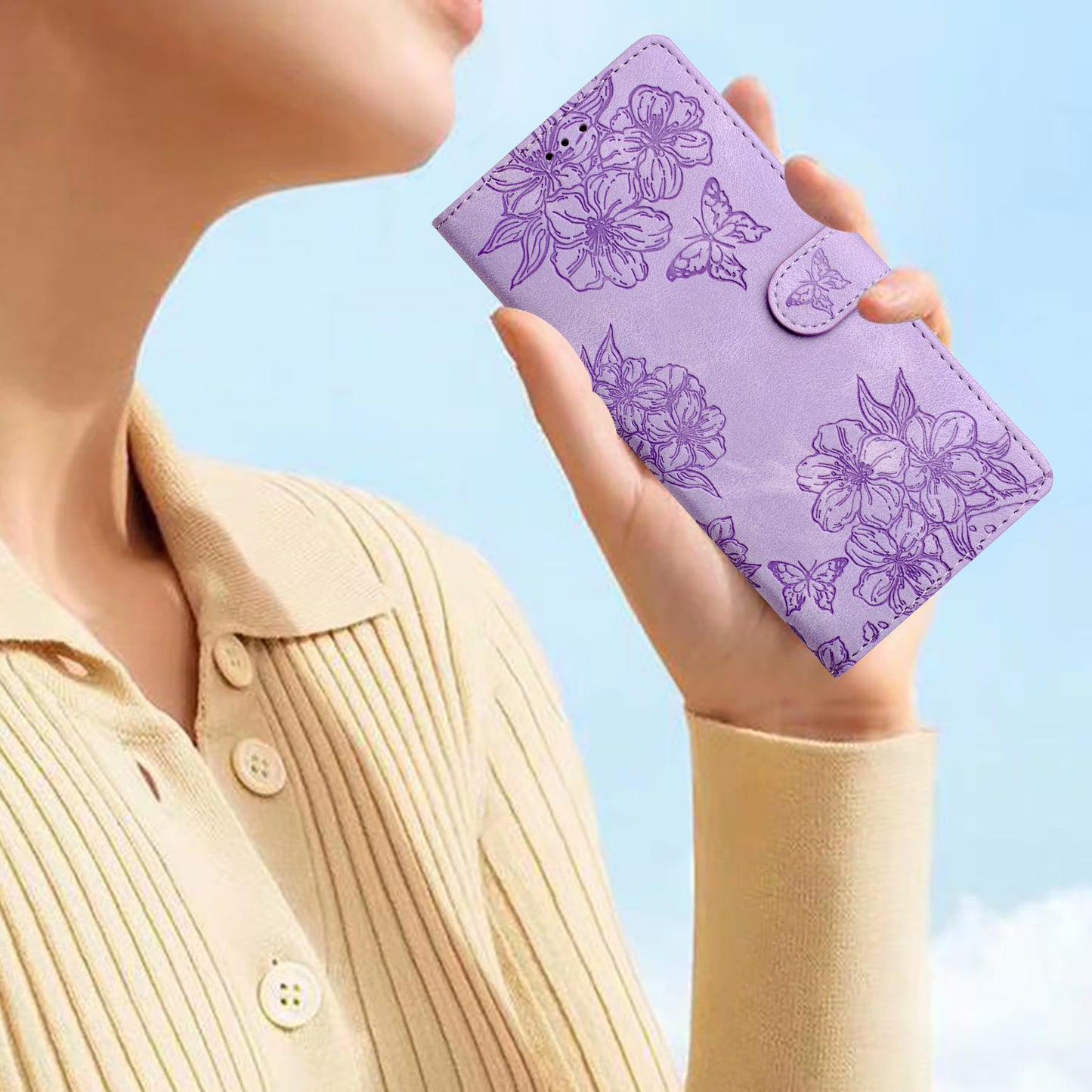 For Samsung Galaxy A06 Case Butterfly Flower Pattern Skin-Touch Leather Phone Cover - Purple