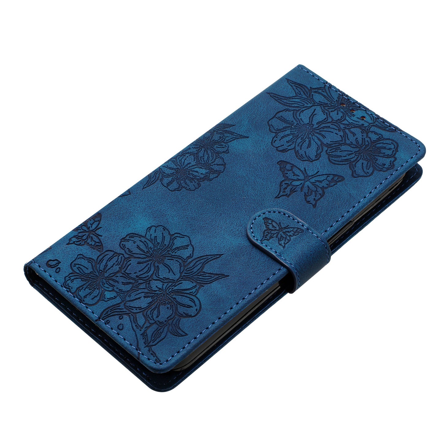For Samsung Galaxy A06 Case Butterfly Flower Pattern Skin-Touch Leather Phone Cover - Blue