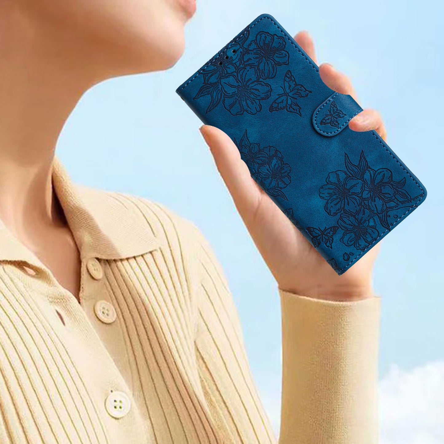 For Samsung Galaxy A06 Case Butterfly Flower Pattern Skin-Touch Leather Phone Cover - Blue