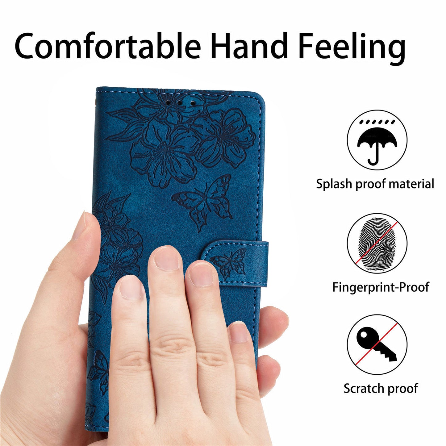 For Samsung Galaxy A06 Case Butterfly Flower Pattern Skin-Touch Leather Phone Cover - Blue