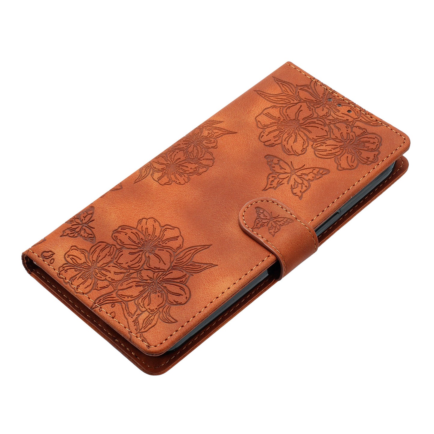 For Samsung Galaxy A06 Case Butterfly Flower Pattern Skin-Touch Leather Phone Cover - Brown